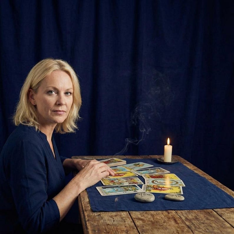 May include: A woman with blonde hair sits at a table with tarot cards laid out on a blue cloth. A lit candle and two stones are also on the table. The background is a dark blue curtain.