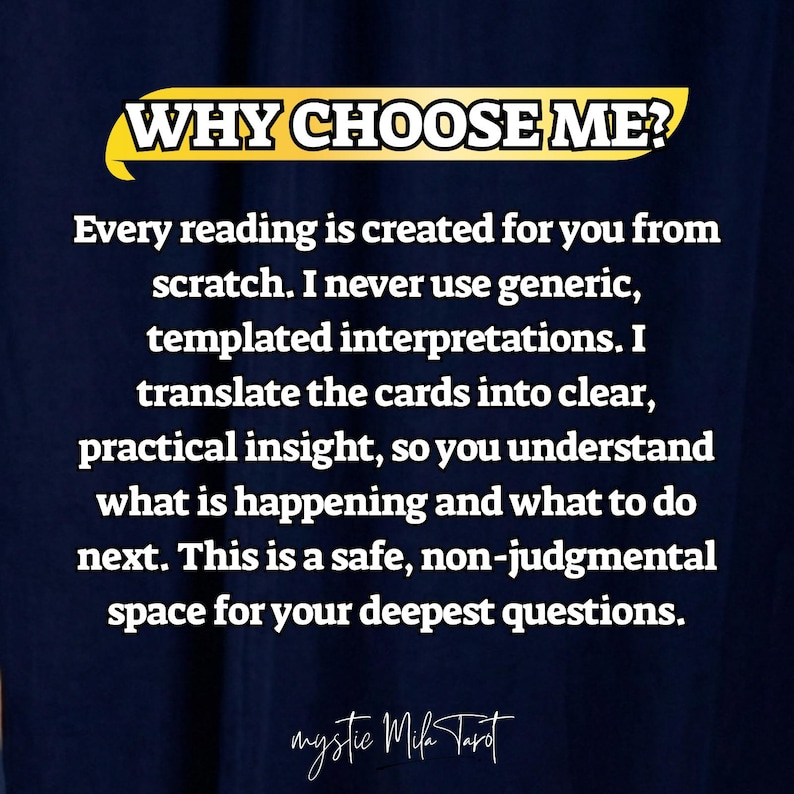 May include: Dark blue graphic with white text. The text reads "WHY CHOOSE ME?" followed by a description of personalized readings, clear insights, and a safe space for questions. The text "mystic Mila Tarot" is at the bottom.