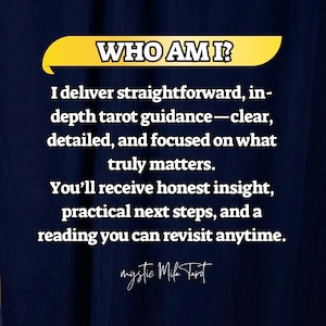 May include: A navy blue graphic with the text "WHO AM I?" in white, set against a yellow banner. The text below describes tarot guidance, honest insight, and practical steps. The Mystic Mila Tarot logo is at the bottom.