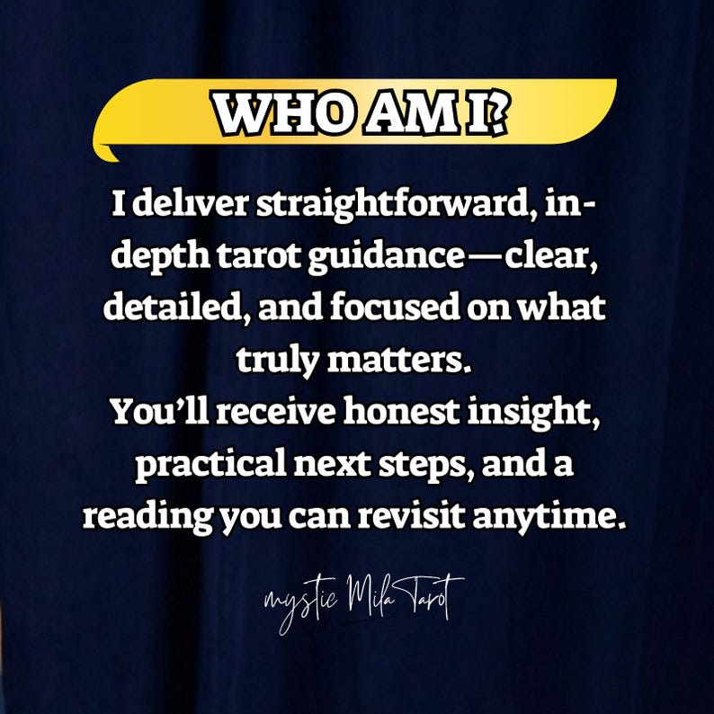 May include: A navy blue graphic with the text "WHO AM I?" in white, set against a yellow banner. The text below describes tarot guidance, honest insight, and practical steps. The Mystic Mila Tarot logo is at the bottom.