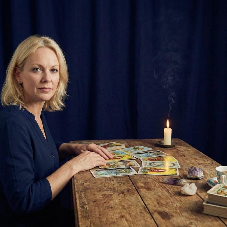 May include: A woman sits at a wooden table with tarot cards, crystals, and a lit candle. The cards are spread out, and a cup of tea and a stack of cards are visible. The background is a dark blue curtain.