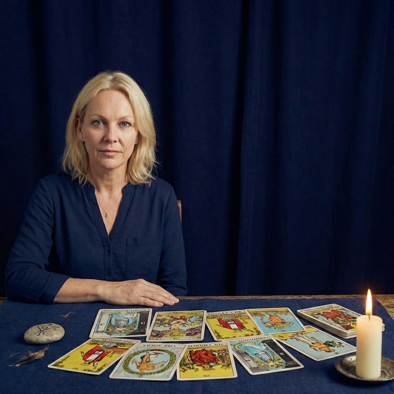 May include: A woman sits at a table with tarot cards laid out. The cards are colorful with various illustrations. A lit candle sits on a small metal plate. A stone with markings and a feather are also on the table. The background is a dark blue curtain.