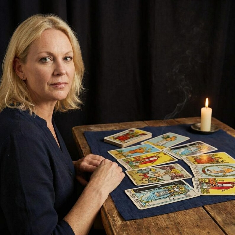 May include: A woman with blonde hair sits at a wooden table with a blue cloth, tarot cards, and a lit candle. The cards are arranged in a spread, featuring colorful illustrations. The scene is set against a dark background.