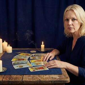 May include: A woman sits at a wooden table with tarot cards laid out. Lit candles and smoke are visible. The cards are colorful with various illustrations. A dark blue cloth covers the table.