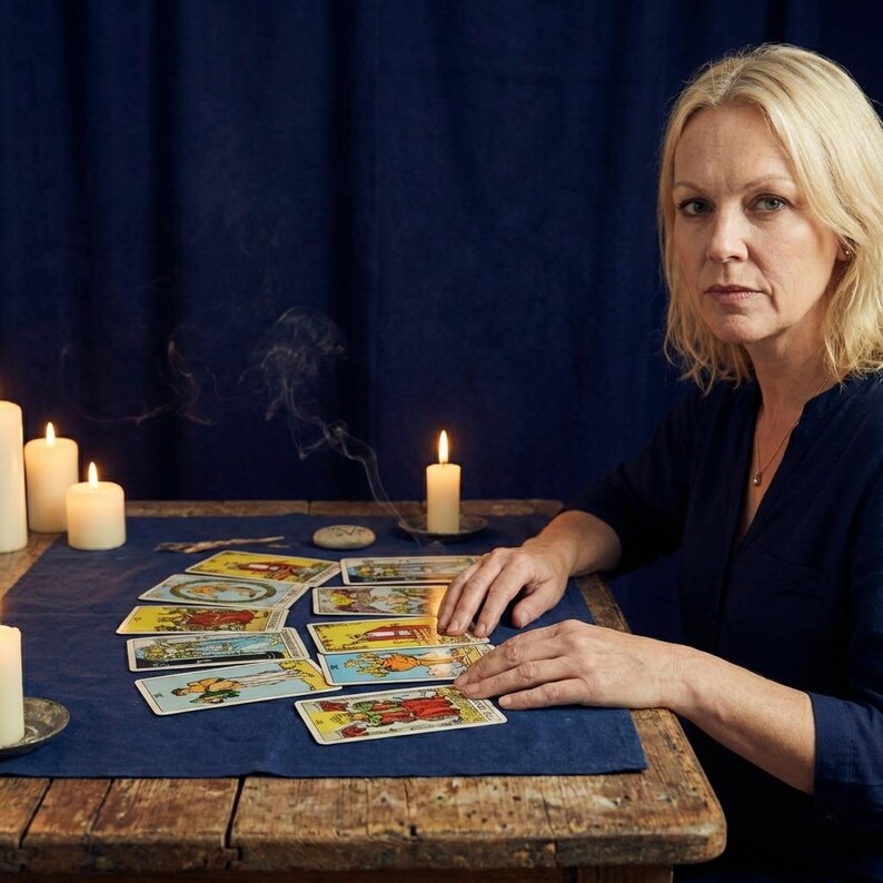 May include: A woman sits at a wooden table with tarot cards laid out. Lit candles and smoke are visible. The cards are colorful with various illustrations. A dark blue cloth covers the table.
