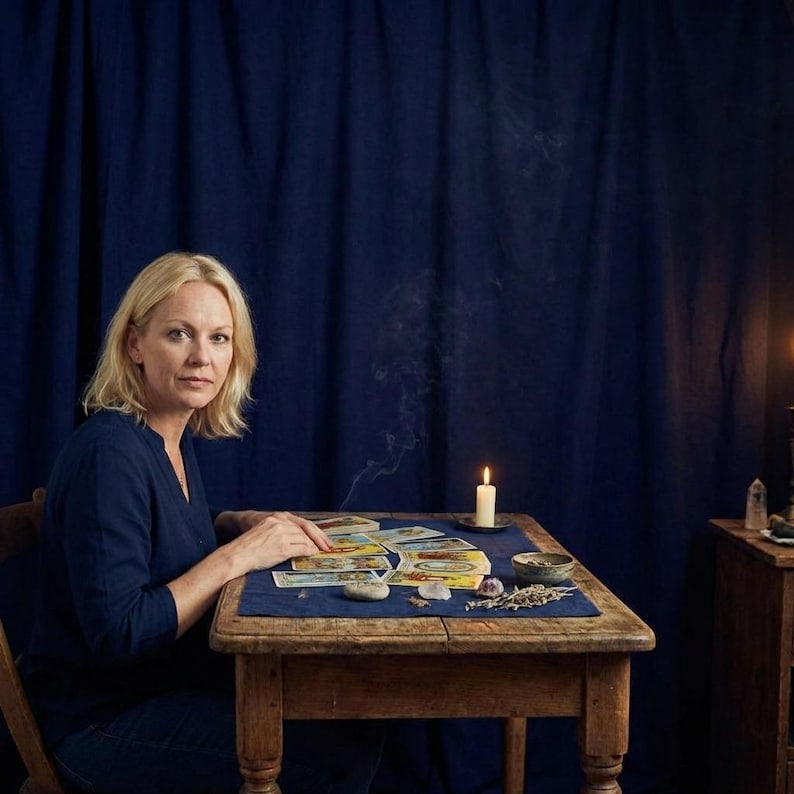 May include: A woman sits at a wooden table with tarot cards, crystals, and a lit candle. The table is covered with a blue cloth, and the background features a dark blue curtain. The scene evokes a mystical or spiritual theme.
