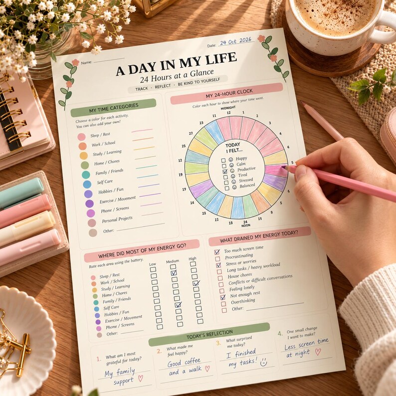 24 Hour Time Tracker Printable, Time Wheel, Daily Time Audit Worksheet ...