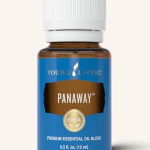 May include: A brown glass bottle of Young Living PanAway essential oil blend. The bottle has a white cap and a blue label with the product name and a gold emblem. The bottle contains 0.5 fl. oz. (15 ml).