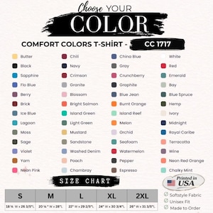 K&ouml;nnte beinhalten: Eine Farbkarte f&uuml;r Comfort Colors CC 1717 T-Shirts mit verschiedenen Farbt&ouml;nen wie Butter, Black, Sapphire und White. Sie enth&auml;lt eine Gr&ouml;&szlig;entabelle von S bis 2XL in cm sowie ein Printed in USA-Etikett und Angaben zum weichen Stoff.