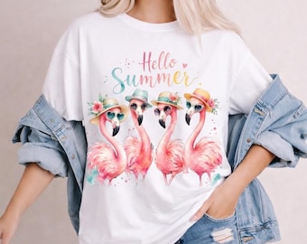 Hallo zomershirt flamingo, T-shirt tropisch strand, zomeroutfit dames
