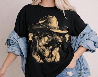 Western grafisch T-shirt Duitse herder en cowboyhond, retro GSD Mom Dad T-shirt
