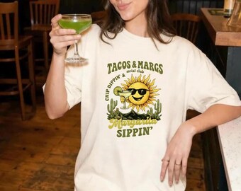 Shirt taco's en margarita's, T-shirt Chip Dippin Sippin, grappige zomerkleding