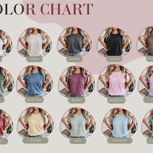K&ouml;nnte beinhalten: Eine Farbkarte mit f&uuml;nfzehn kurz&auml;rmeligen T-Shirts in verschiedenen Farben, darunter Wei&szlig;, Elfenbein, Pfeffer, Schwarz, Espresso, Moos, Blue Jean, Beere, Bl&uuml;te, Orchidee, Karmesinrot, Butter, Bucht, Chambray und Kreideminze, jeweils darunter beschriftet.