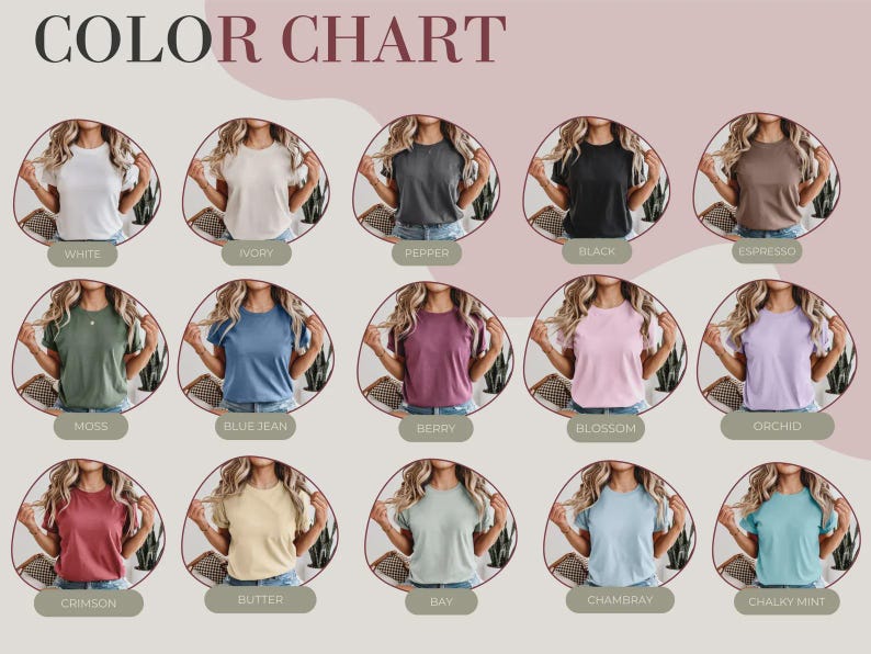K&ouml;nnte beinhalten: Eine Farbkarte mit f&uuml;nfzehn kurz&auml;rmeligen T-Shirts in verschiedenen Farben, darunter Wei&szlig;, Elfenbein, Pfeffer, Schwarz, Espresso, Moos, Blue Jean, Beere, Bl&uuml;te, Orchidee, Karmesinrot, Butter, Bucht, Chambray und Kreideminze, jeweils darunter beschriftet.
