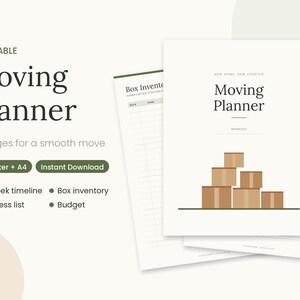 Puede incluir: Un planificador de mudanzas imprimible de 12 páginas, con una portada que muestra una pila de cajas de cartón marrones y el texto Moving Planner. Incluye secciones para un cronograma de 8 semanas, inventario, lista de direcciones y presupuesto.