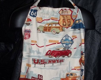 Larger Size Unisex Route 66 Apron in Beige Historic Highway Fabric  by Alexander Henry with Neck Ties and Route 66 Pocket Man or Woman Large