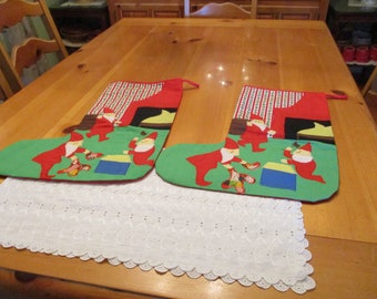 Vintage Handmade Appliqued MCM 50s Stocking (2 available) Swedish Santa w Bag Tomte Elves Assembling Toys Living Room Scene EVC 15 x 18