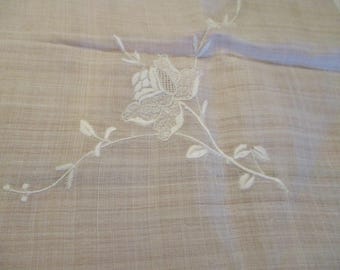 Antique or Vintage Fine Linen White Tablecloth Drawn Threads and Embroidered Flowers 31.5" x 32" EVC 1 Sm Hole, Stain Area on Edge See PIX