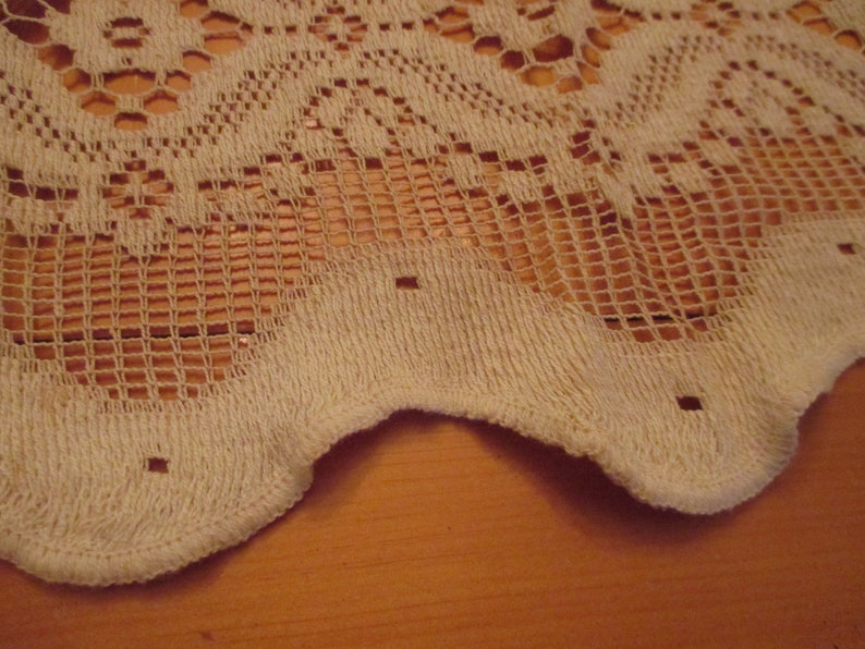 Sale--Vintage or Antique Set of Two Beige Large Floral Flowers Crochet Lace Tiers Curtains 44 Wide x 23 Long Each EVC