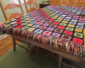 Vintage Colorful Multi Granny Square Afghan Throw Blanket on Black Background 38 x 60 plus 3 1/2" Fringe Ends 3 1/2" Tri Color Squares EVC
