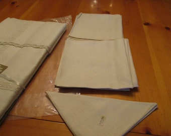 Vintage Timely Linens 5th Ave Imported Pure Linen Tablecloth 60"W x 108"L  & 12 16" Dinner Napkins Natural NOS NIP #4266 Lace Embroidery EVC