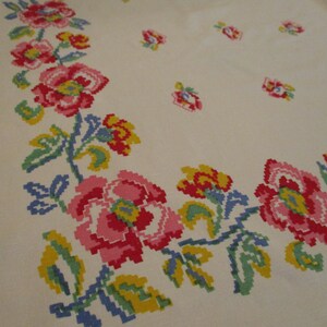 Pu&ograve; includere: Una tovaglia bianca con un motivo floreale a punto croce. I fiori sono rosa, rossi, gialli e blu, disposti a bordo lungo il bordo e sparsi sulla superficie. La tovaglia &egrave; realizzata in un materiale morbido, possibilmente lino.