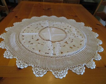 Vintage 32" Round Lg Doily or Small Table Topper Cotton Center Drawn Threads Cutwork  6" Crochet Edge Ivory VGC 1 Stain 1 Pinhole See Pics