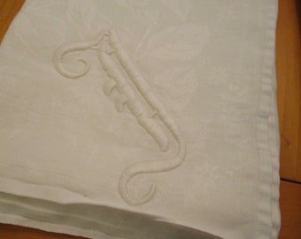 Vintage Set of 6 Six Initial F I or T Monogram Linen Damask Dinner Napkins Natural Off White 23-24" Roses Floral Bouquets 2 Have Tiny Holes