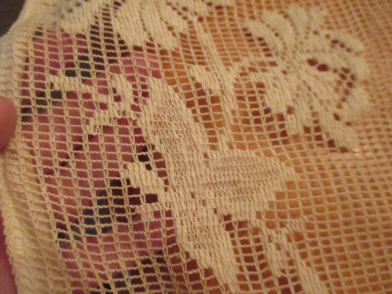 Sale--Vintage or Antique Set of Two Beige Large Floral Flowers Crochet Lace Tiers Curtains 44 Wide x 23 Long Each EVC