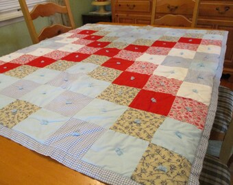 Vintage Handmade Patchwork Quilt, Machine Stitched and Hand Tied Yarn 44 x 53 EVC Solids Florals Gingham