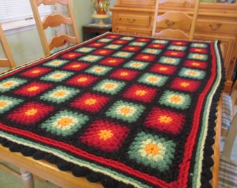 Vintage Colorful Multi Granny Square Afghan Throw Blanket on Black Background 42" W x 64" L 6 Breaks / Some Fuzz,  Still in EVC looks Great!