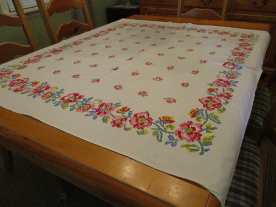 Vintage MCM Cotton Tablecloth Squiggly Outline Flowers Print  EVC 45" x 52"  Pink Raspberry Yellow Blue Green Natural  Lt Stains Thin Area
