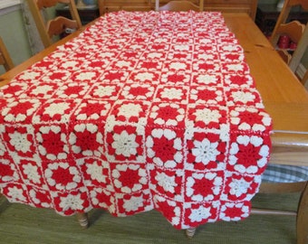 Vintage Handmade Granny Square Afghan Alternating Red and Off White Squares 33 "x 73" EVC 1 Break, Great For End of Bed or Back of Couch