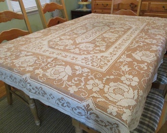 Vintage Quaker Lace  Style Two Tone Tablecloth Oblong 55" W x 68" L  Beige & Brown Floral Roses  Polyester Needs Sewing Repairs Gorgeous