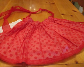 Darling Vintage Fancy Half Apron Red Sheer Layer over Red Polka Dots on Off White Christmas Valentine's Day, Anytime 12 x 14 + 36" Ties EVC