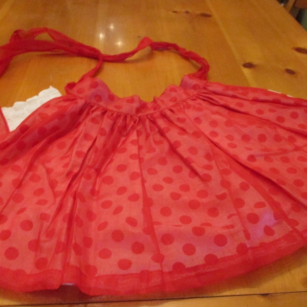 Darling Vintage Fancy Half Apron Red Sheer Layer over Red Polka Dots on Off White Christmas Valentine's Day, Anytime 12 x 14 + 36" Ties EVC