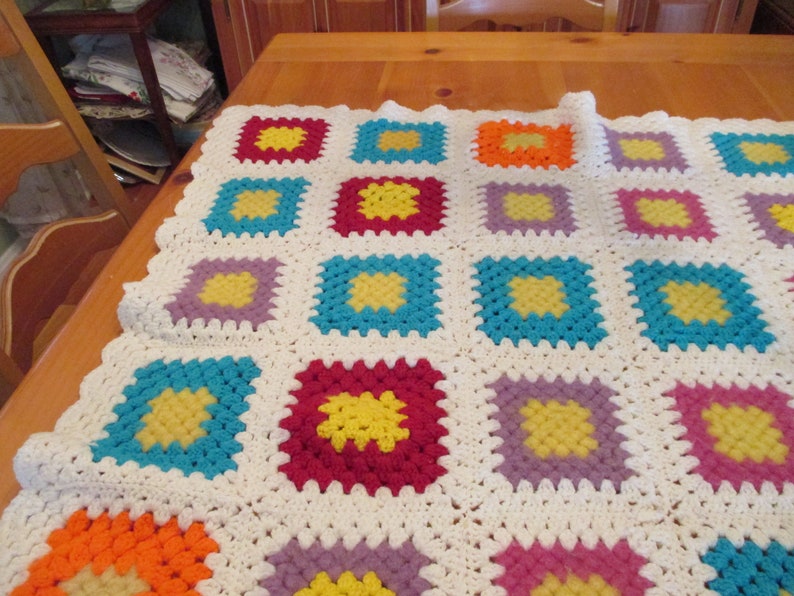 Vintage Colorful Multi Granny Square Afghan Throw Blanket on White Background 40 x 48 SALE