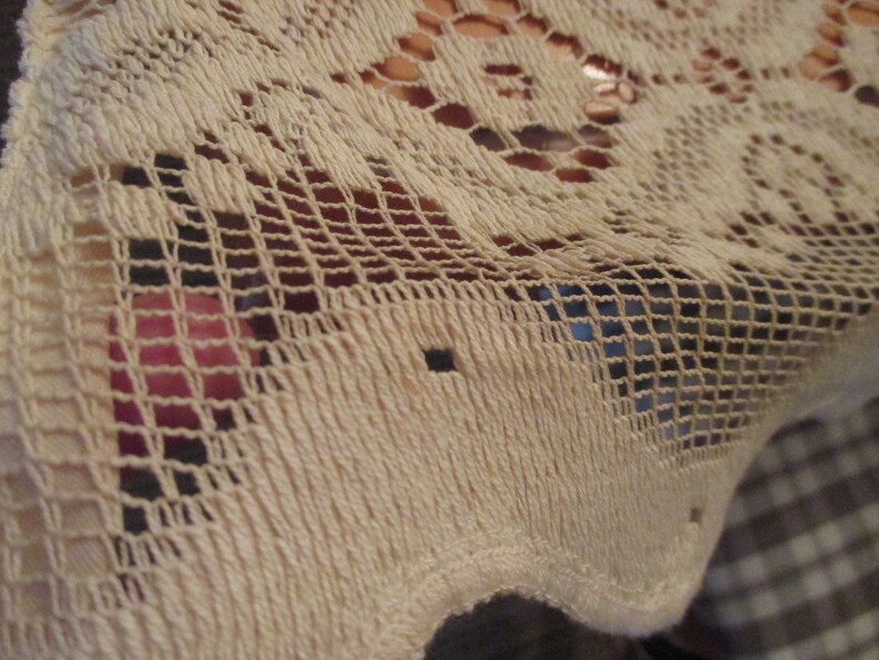Sale--Vintage or Antique Set of Two Beige Large Floral Flowers Crochet Lace Tiers Curtains 44 Wide x 23 Long Each EVC