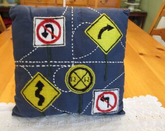 Vintage Handmade Embroidered Pillow with Different Road Signs and Lanes on Blue 13" Sq Lt Wear to Back