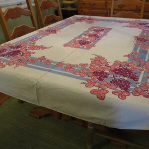 Vintage Mid Century Print Tablecloth Cotton Oval 54 x 72 Blue Burgundy Salmon Grapes Vines Leaves EVC Screen Printing Ink  & 2 Sm Stains