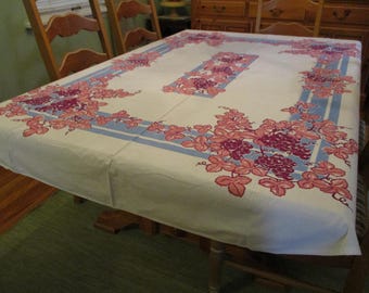 Vintage Mid Century Print Tablecloth Cotton Oval 54 x 72 Blue Burgundy Salmon Grapes Vines Leaves EVC Screen Printing Ink  & 2 Sm Stains