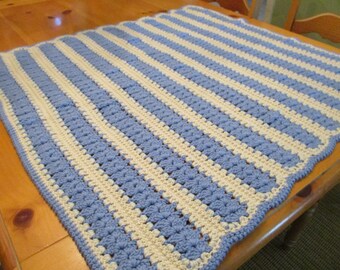 Vintage Handmade Crocheted Crochet Baby Blanket Afghan Lap Blue & Off White 20 Alternating Rows  37 x 37 EVC No Issues