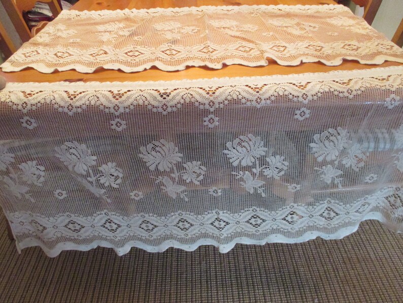 Sale--Vintage or Antique Set of Two Beige Large Floral Flowers Crochet Lace Tiers Curtains 44 Wide x 23 Long Each EVC