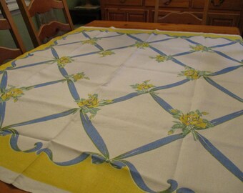 Vintage Mid Century Print Tablecloth  Linen Blend 49x 50 Bright Yellow Border Roses Blue Ribbon Bows 6 Napkins 4 EVC,  2 Napkins w Lt Stains