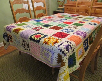 Vintage Lg Colorful Multi Granny Square Afghan Throw Blanket Off White Background 70" W x 86" L in Excellent Condition No Issues Pastel Edge