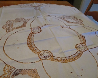 Vintage Madeira Linen 66" Round Tablecloth Hand Embroidery w/ Cutwork  Lots of Lace Floral Leaves EVC No Issues Near White See Pics