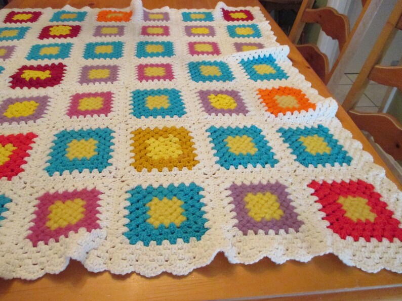 Vintage Colorful Multi Granny Square Afghan Throw Blanket on White Background 40 x 48 SALE