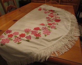 Vintage Round Floral MCM Mod Print Tablecloth 60" Round + 3" White Fringe Cotton Gorgeous Fun EVC Pinks w Graphics on Flowers Lt Stains