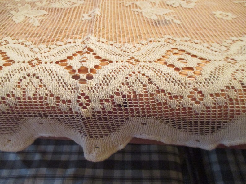 Sale--Vintage or Antique Set of Two Beige Large Floral Flowers Crochet Lace Tiers Curtains 44 Wide x 23 Long Each EVC