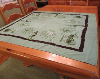 Vintage Mid Century California Handprints County Fair Tablecloth  39 x 44" Colonial Scenes in Rustic Frame Some Stains SEE PICS